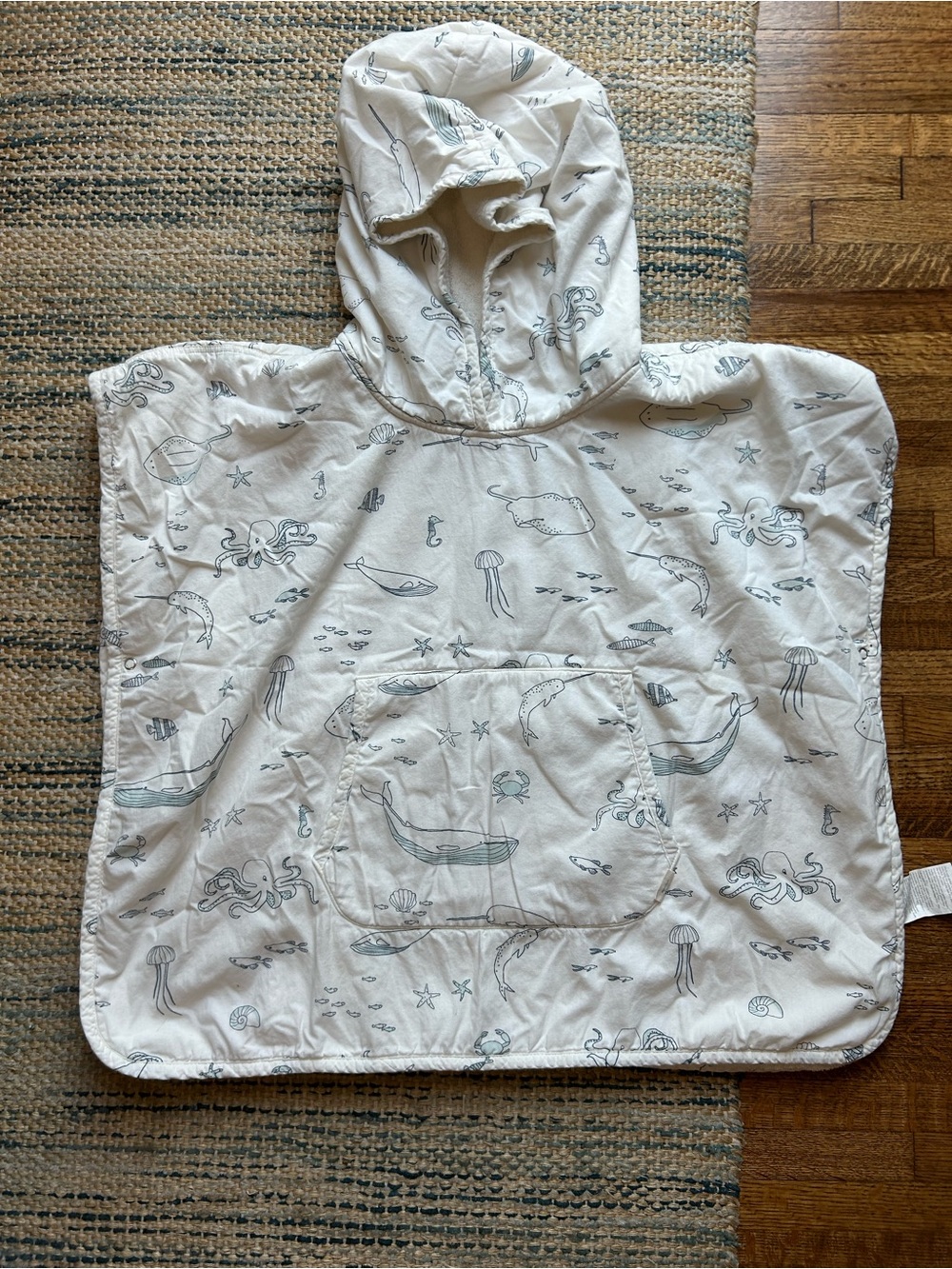 Kids Hooded Swim Poncho Cover-Up in White with Light Teal Sea Print